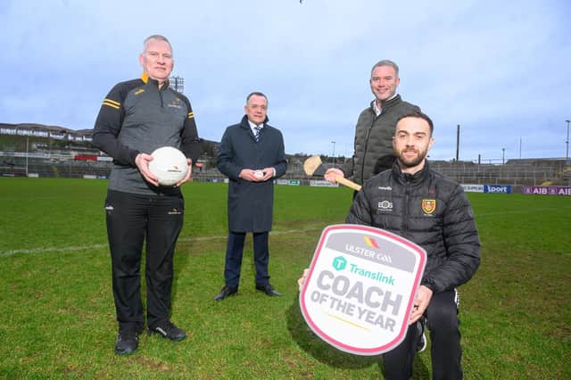 Pictured at the launch of the Translink Ulster GAA Coach Of The Year Award at Páirc Esler, Newry, is
James McCartan, Down Football Manager, Gerry D&#39;Arcy, Translink Service Assistant Delivery Manager,
Michael Geoghegan, Ulster GAA Vice President, and Eugene Young, Ulster GAA Director of Coaching &amp; Games
Development.