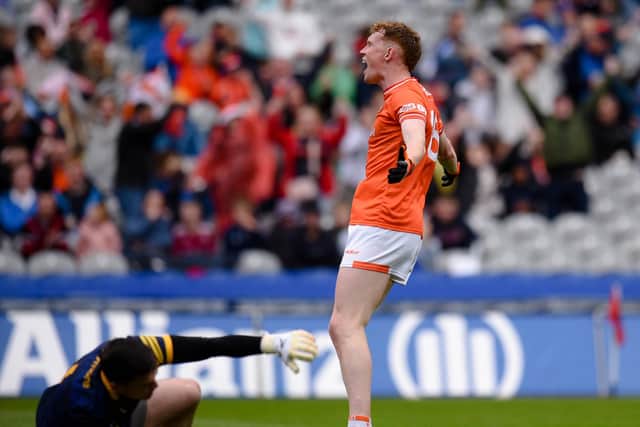 Armagh's Conor Turbitt celebrates his second half goal against Roscommon in the All-Ireland Quarter-final. Pic: Brendan Monaghan