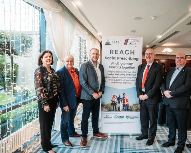 (L-R): Judith Poucher (COO, Clanrye Group), Packie Kelly (Manager, Teach Na nDaoine), Gearóid Cassidy (Director of Adult Palliative Care and Neighbourhood Model Policy, Department for Health NI), Paul Sheridan (Director of Corporate Services, SEUPB), Liam Devine (CEO, Clanrye Group), Nicholas McCrickard (Manager, County Down Rural Community Network)