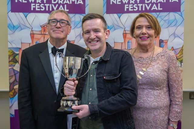 Mickey Brannigan of Newpoint Players who won best actor with adjudicator Gerry Stembridge and Chairperson Kate Carragher.