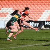 Armagh's Aimee Mackin fires a second half goal past Kerry goalkeeper Ciara Butler on Sunday at the Athletic Grounds Pictures: Brendan Monaghan