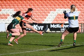 Armagh's Aimee Mackin fires a second half goal past Kerry goalkeeper Ciara Butler on Sunday at the Athletic Grounds Pictures: Brendan Monaghan