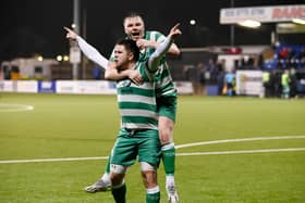 Cleary Celtic’s Neil Barr and Jack O’Doherty celebrate a Barr goal earlier this season.