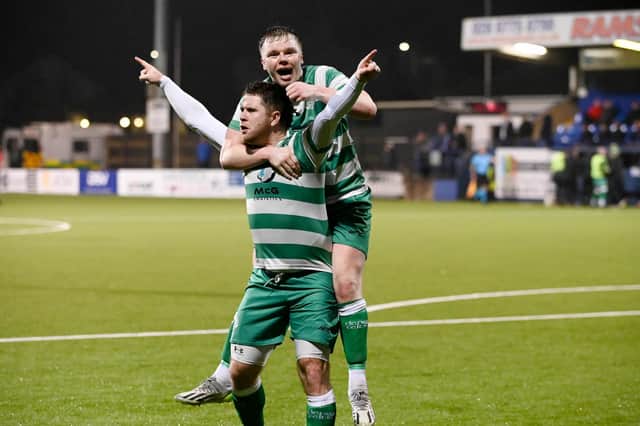Cleary Celtic’s Neil Barr and Jack O’Doherty celebrate a Barr goal earlier this season.