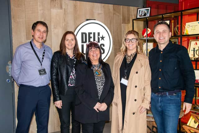 Mr Nadim Ednan-Laperouse the Natasha Allergy Research Foundation is pictured with Sarah Davidson Newry, Mourne and Down District Council, Council Chairperson, Councillor Valerie Harte, Catherine Hallissey, Newry, Mourne and Down District Council and Brian Reid Deli Lites Ireland. The event was organised by Deli Lites Ireland Ltd where Mr Nadim Ednan-Laperouse from the Natasha Allergy Research Foundation was the speaker.