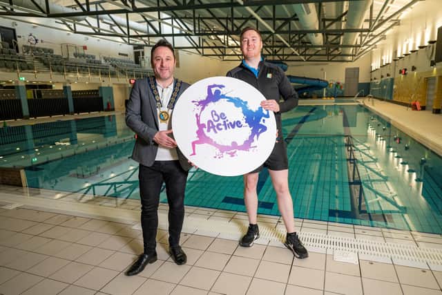 Newry, Mourne and Down District Council Chairperson, Cllr Pete Byrne and Sean McElvanna, supervisor Newry Leisure Centre, inspect the completed works at Newry Leisure Centre Pool.