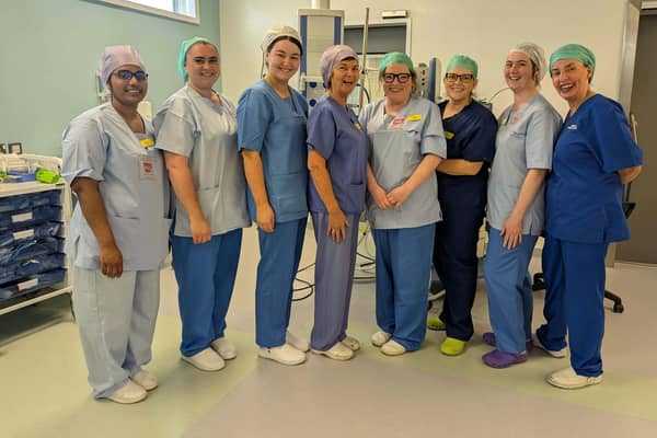Pictured are a number of staff from Daisy Hill Hospital’s paediatric theatre team – Nurse Ancy Abraham, Sister Katrine McEvoy , Health Care Assistant Courtney O’Connor, Nurse Anne Rice, Clinical Director of Community Dental Services Sarah Foy, Dentist Caroline Tiernan, Dental Nurse Leonie Gracie and Sister Bridgeen Conachy.
