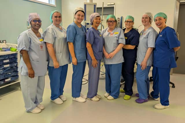 Pictured are a number of staff from Daisy Hill Hospital’s paediatric theatre team – Nurse Ancy Abraham, Sister Katrine McEvoy , Health Care Assistant Courtney O’Connor, Nurse Anne Rice, Clinical Director of Community Dental Services Sarah Foy, Dentist Caroline Tiernan, Dental Nurse Leonie Gracie and Sister Bridgeen Conachy.