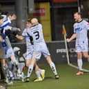 Newry’s John McGovern celebrates scoring away to Crusaders on Saturday afternoon. Pic: Stephen Hamilton