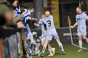 Newry’s John McGovern celebrates scoring away to Crusaders on Saturday afternoon. Pic: Stephen Hamilton