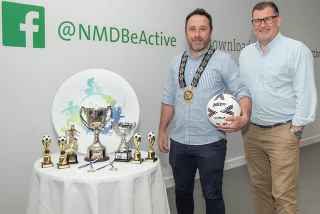 Left to right: Chairperson of Newry, Mourne and Down District Council, Cllr Pete Byrne with Conor Haughey, Head of Service, Outdoor Leisure during the launch of the NMDDC Be Active Cup soccer tournament.