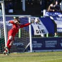 Newry City goalkeeper Steven Maguire was called into action to thwart Isaac Westendorf of Friday evening. Picture: Philip Magowan/INPHO/PressEye