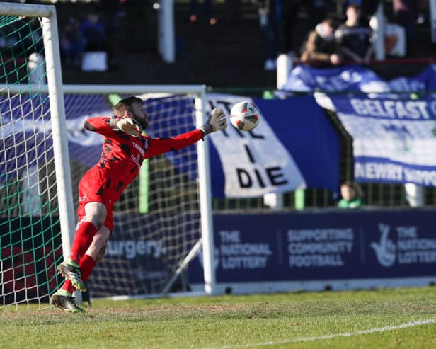 Newry City goalkeeper Steven Maguire was called into action to thwart Isaac Westendorf of Friday evening. Picture: Philip Magowan/INPHO/PressEye