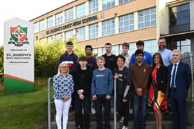 Top Row - Ryan Murphy, Stevo Polachan, Shea Murphy, Ross Hughes, Daniel Kearney, Mr Morgan (Head of History). Front Row - Mrs Byrne (Head of Music), Rian O'Hagan, James McCrink, James Cruz, Ghulam Muhammad, Miss McQuaid (Head of English), Mr Murray (Principal)