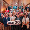 Guest speaker Matthew Bell, Eugene Prunty, South Eastern Regional College (Winner Hilary Sloan Award), Martin Flynn (Chief Executive) OCN and event compere Denis Watson picture with category winners and highly commended at the 2025 OCN Learning Endeavour Awards held at Titanic Belfast.