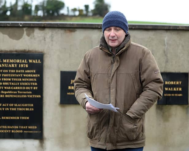 Mark Semple speaking at the Kingsmill anniversary memorial service on Sunday. Photograph by Declan Roughan / Press Eye