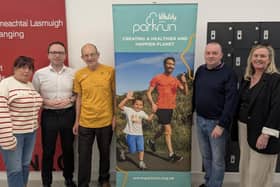 Sinn Féin MP Dáire Hughes, Cllrs. Valerie Harte, Aidan Mathers and Geraldine Kearns, with Matt Shields from Parkrun