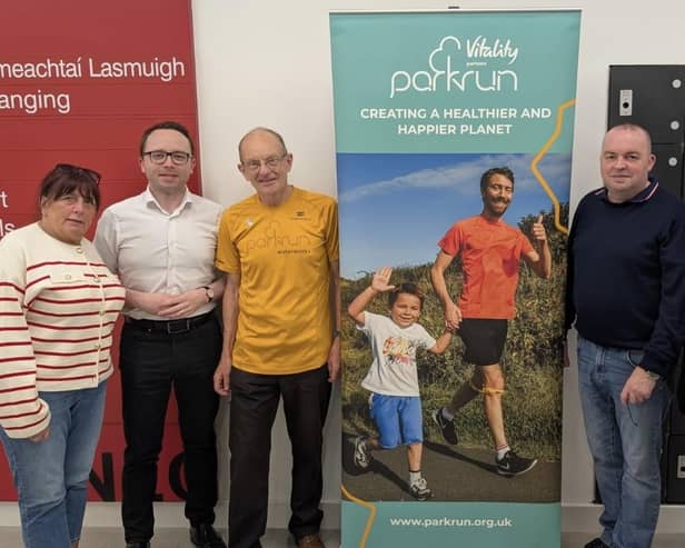 Sinn Féin MP Dáire Hughes, Cllrs. Valerie Harte, Aidan Mathers and Geraldine Kearns, with Matt Shields from Parkrun