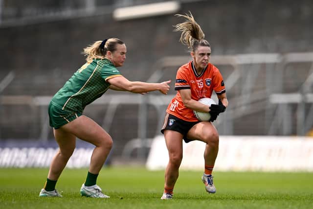 Sarah Quigley of Armagh in action against Vikki Wall of Meath during the TG4 All-Ireland Ladies Football Senior Championship Round 1 match between Meath and Armagh at Páirc Tailteann in Navan, Meath. Pics: Ben McShane/Sportsfile