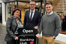 Cllr Michael Rice (right) and Cllr Valerie Harte at the opening of the Banking Hub in Kilkeel.