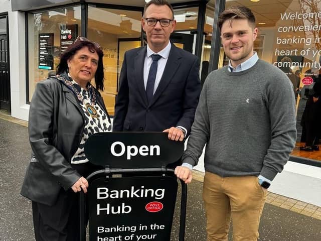 Cllr Michael Rice (right) and Cllr Valerie Harte at the opening of the Banking Hub in Kilkeel.