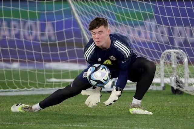 Stephen McMullan pictured in training at the Olympic Stadium in Helsinki ahead of Northern Ireland's UEFA Euro 2024 Qualifier against Finland. Photo by William Cherry/Press Eye