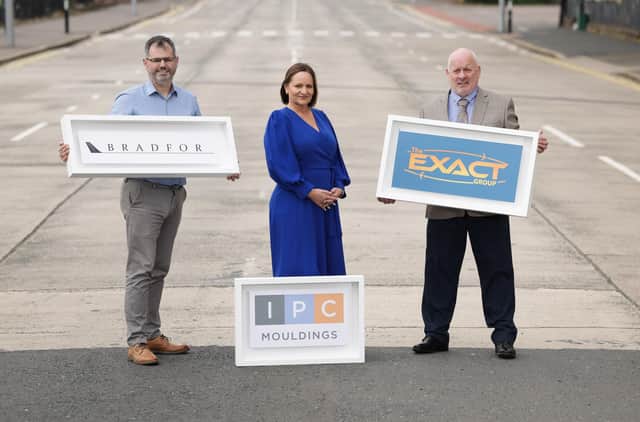 Joanne Liddle, MD of IPC Mouldings (centre) with Francis McCartan, Product Development/Account Manager of Bradfor Ltd (left) and Stephen Cromie, MD of The Exact Group.