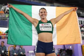 Team Ireland's Kate O'Connor celebrates after claiming silver in the Women's Pentathlon at the World Athletics Indoor Championships in China. (Photo by Cameron Spencer/Getty Images)
