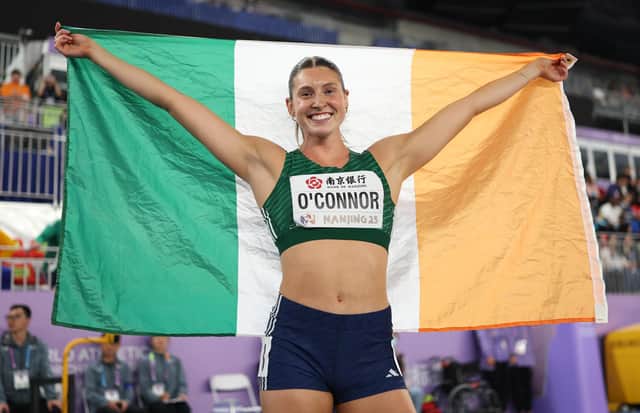 Team Ireland's Kate O'Connor celebrates after claiming silver in the Women's Pentathlon at the World Athletics Indoor Championships in China. (Photo by Cameron Spencer/Getty Images)