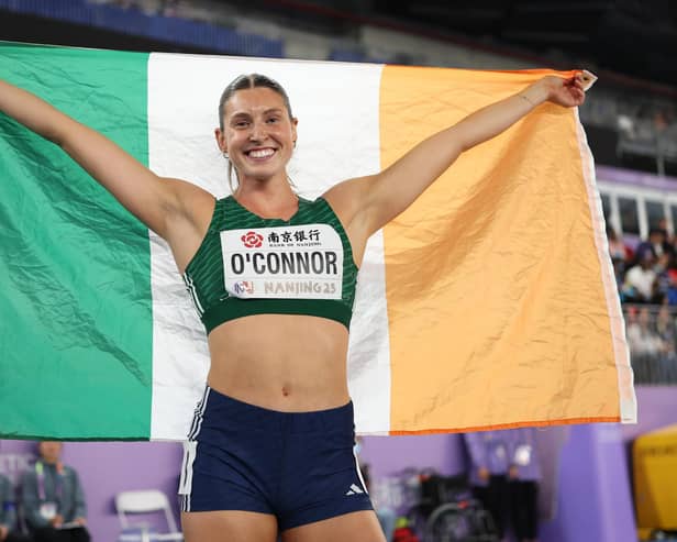 Team Ireland's Kate O'Connor celebrates after claiming silver in the Women's Pentathlon at the World Athletics Indoor Championships in China. (Photo by Cameron Spencer/Getty Images)