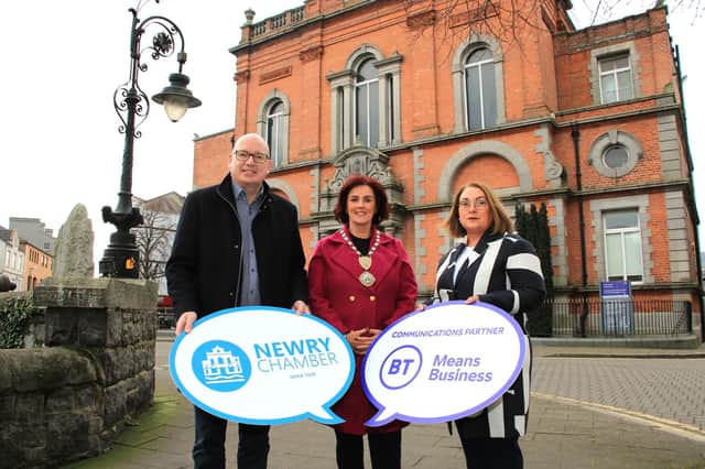 (L-R) Michael Savage, CEO of Newry Chamber, Edwina Flynn, President of Newry Chamber and Paula Maguire, Senior Contract Manager at BT announcing the exciting partnership between the Chamber and its new Communications Partner, BT in front of Newry Town Hall.