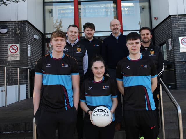 Launching the GAA Sports Academy are SRC staff and students, together with Down GAA representatives. Pictured (L-R): Back row: Rory McGreevy, Sports Development Officer at SRC; Raymond Sloan, CEO and Principal of SRC. Middle row: Conor O’Toole, Down GAA Games Development Manager; Mark Poland, Down GAA Games Promotion Officer. Front row: Gareth McAuley, 1st year Sports Science student; Ellen McCartney, 2nd year Sports Coaching student and Evan McGuinness, 2nd year Sports Science student.