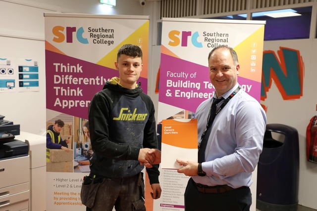 Matthew Cartmill, runner-up in the Plumbing Pipework SRC SkillBuild Competition.  Matthew is pictured alongside Curriculum Area Manager Gareth Mone.
