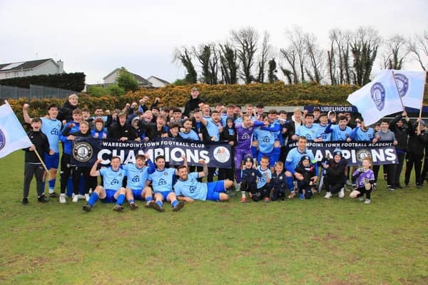 Warrenpoint Town celebrate with their supporters after they won the Playr-Fit League Premier Intermediate League last month. Pictures: Liz Boyle