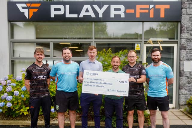 Playr-Fit present the Evora Hospice with a cheque for £7,242 following their successful Business 5-aside football tournament.