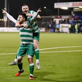 Neil Barr and Jack O'Doherty celebrate Barr's decisive second half goal against Lincon Courts at Stangmore Park Dungannon on Monday night Pictures Brendan Monaghan