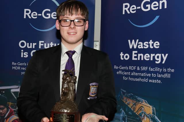 Cuchulainn Award presented by Principal Hugh McNamara to be awarded each year to the pupil who shows courage and this year's winner was Ryan Kieran. INNR4819:.