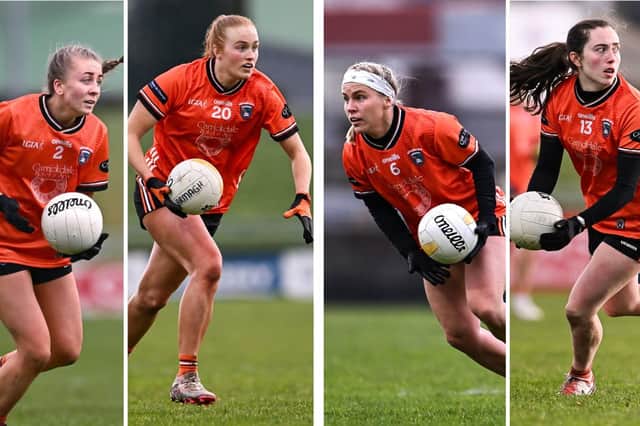 Four Armagh players were selected to the Lidl LGFA NFL Division 1 Team of the League: L-R, Maeve Ferguson, Blaithin Mackin, Lauren McConville and Niamh Reel. Pics: Sportsfile