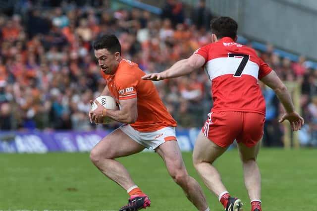 Armagh captain Aidan Forker pictured in action against Derry during the 2023 Ulster SFC Final. Pics: John Merry