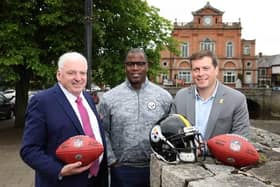 Pictured at Newry Town Hall in 2023 are Daniel Rooney, Director of Business of Development & Strategy at Pittsburgh Steelers, former Pittsburgh Steelers quarterback Kordell Stewart and Fergal McCormack, Managing Partner of PKF – FPM Accountants and Rooney family friend.