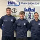 Newry manager Darren Mullen pictured with new signings Lorcan Donnelly and Jamie Doran, as well Brian Healy who was recalled from his loan spell at Ballyclare Comrades.