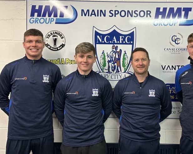 Newry manager Darren Mullen pictured with new signings Lorcan Donnelly and Jamie Doran, as well Brian Healy who was recalled from his loan spell at Ballyclare Comrades.