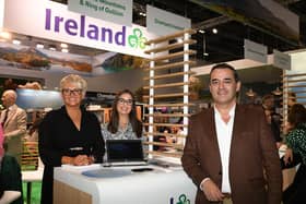 Tracey Mooney, Mourne Mountains and Ring of Gullion; Chelsea McVeigh, Burrendale Hotel, Country Club and Spa; with David Wood, Tourism Ireland, at World Travel Market in London. Pic – Malcolm McNally (no repro fee)