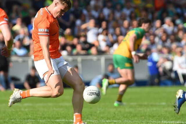 Oisin O'Neill pictured on the ball for Armagh.