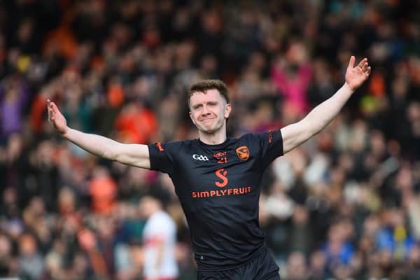 Ross McQuillan celebrates his second half goal against Derry. Pic: John Merry
