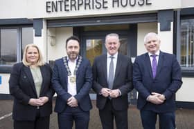 Pictured at the launch of the Newry, Mourne and Down District Council Local Economic Partnership are (L-R) Marie Ward, Chair of Solace NI, Cllr Pete Byrne, Chair of Newry, Mourne and Down District Council, Economy Minister Conor Murphy and Alan McKeown, Executive Director of Regional Business at Invest NI.