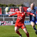 Newry City's Noel Healy pictured in action against Ballyclare Comrades today. Pic: Brendan Monaghan