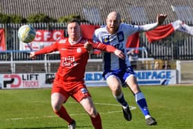 Newry City's Noel Healy pictured in action against Ballyclare Comrades today. Pic: Brendan Monaghan