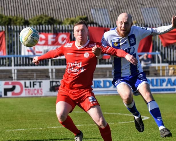 Newry City's Noel Healy pictured in action against Ballyclare Comrades today. Pic: Brendan Monaghan