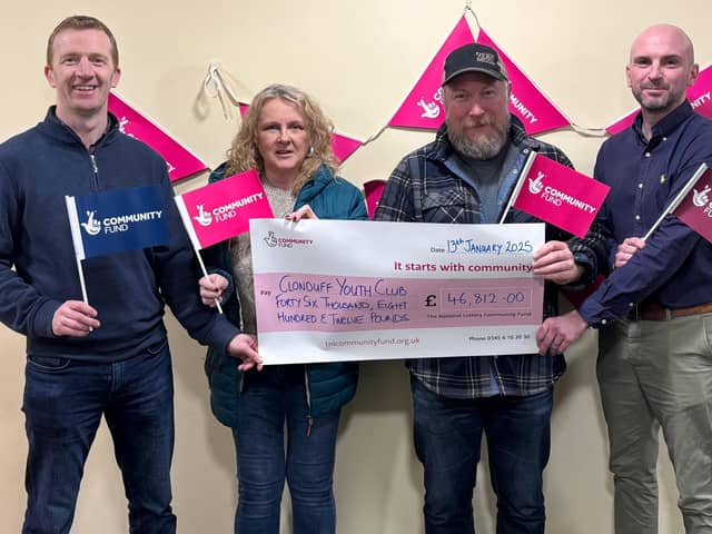 L-R Francis Quinn, Youth Club Chairperson; Marion Fitzpatrick, Youth Club Trustee; Matt McGinn & Niall Donnan, members of the Youth Club Committee